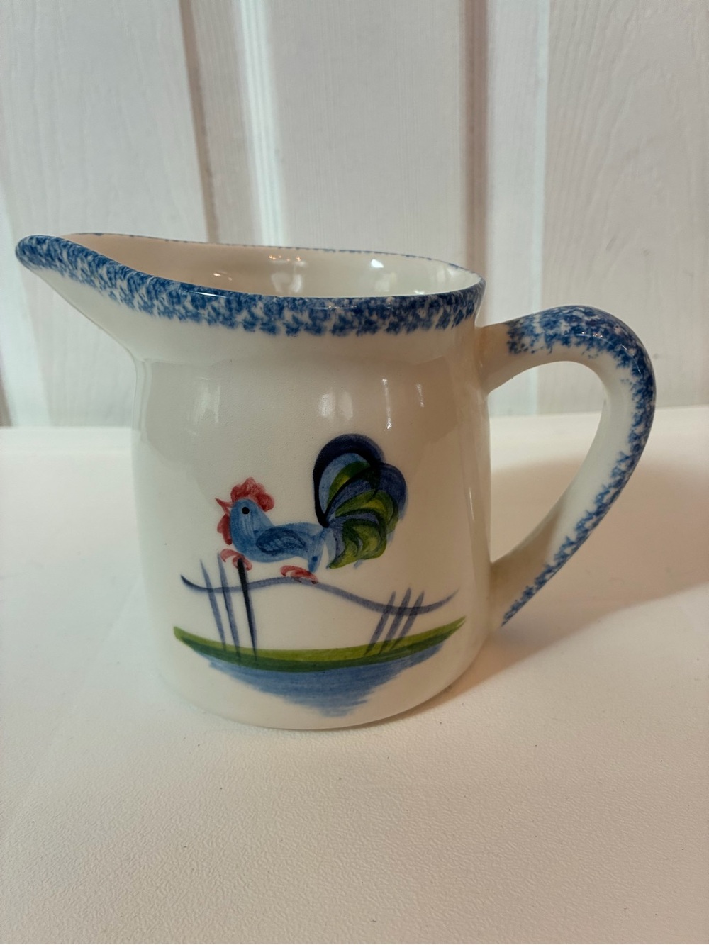Vintage N.S. Gustin Co Pottery Rooster Pitcher Creamer Blue Stipple Spongeware